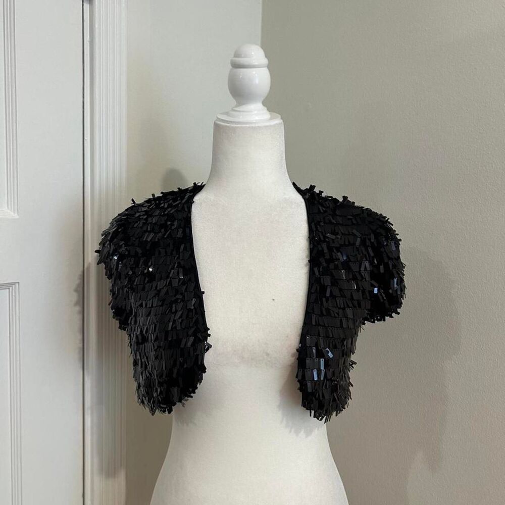 Y2k Imaginary Voyage Black Sequin Cropped Open Bolero Shrug Medium